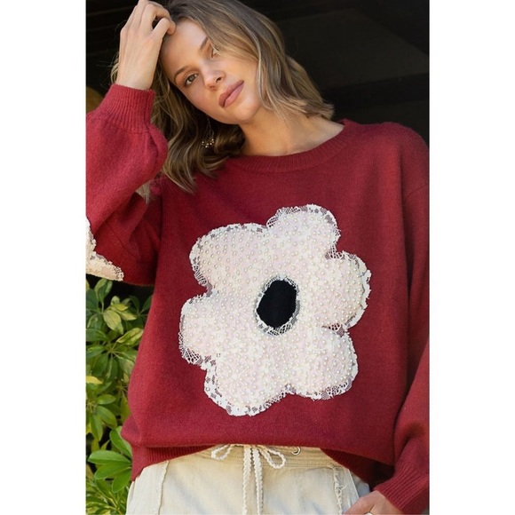 POL Maroon sweater with beautiful pearl trim flower in size medium NEW - Picture 3 of 10